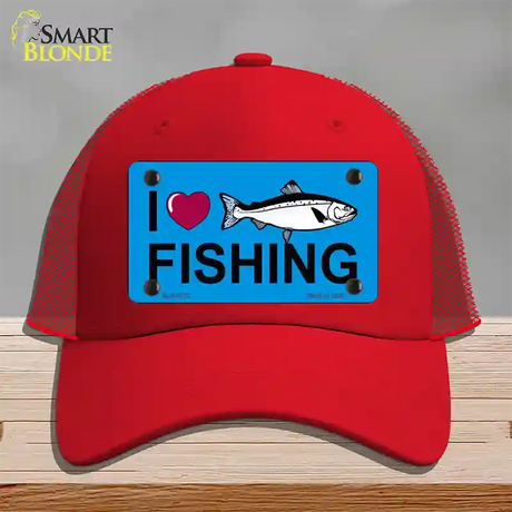 I Love Fishing Novelty License Plate Hat Mesh / Red