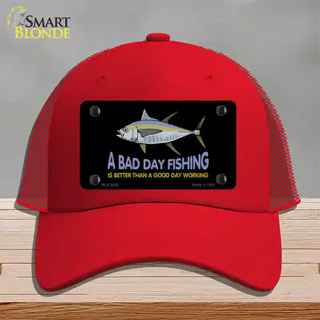 A Bad Day Fishing Novelty License Plate Hat Mesh / Red