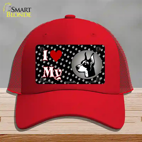I Love My Doberman Novelty License Plate Hat Mesh / Red