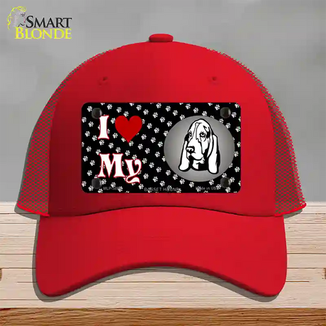 I Love My Basset Hound Novelty License Plate Hat Mesh / Red