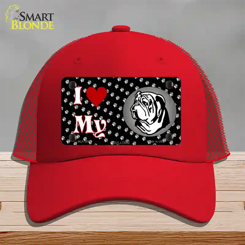 I Love My Bulldog Novelty License Plate Hat Mesh / Red