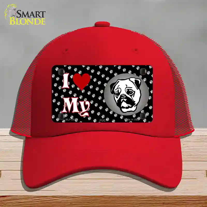 I Love My Pug Novelty License Plate Hat Mesh / Red