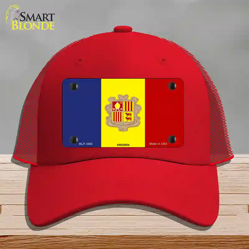 Andorra Flag Novelty License Plate Hat Mesh / Red