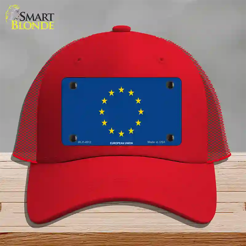 European Union Flag Novelty License Plate Hat Mesh / Red