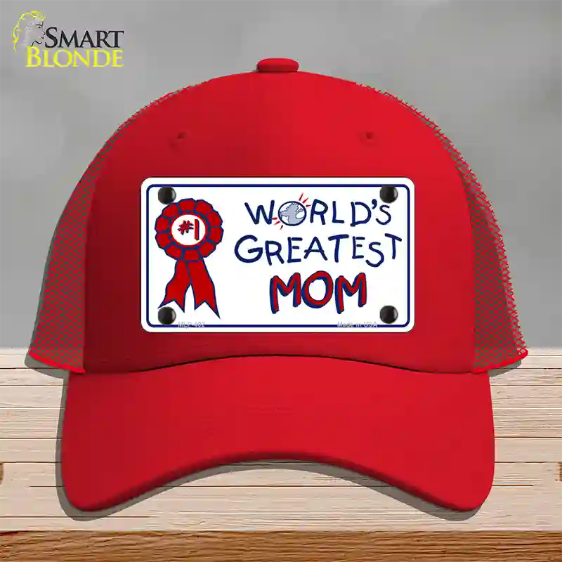 Worlds Greatest Mom Novelty License Plate Hat Mesh / Red