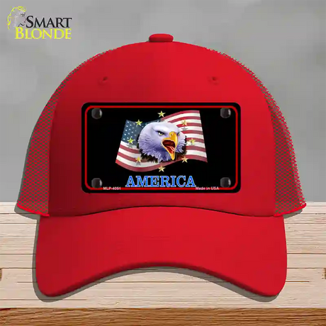 Waving Flag Bald Eagle Black Novelty License Plate Hat Mesh / Red