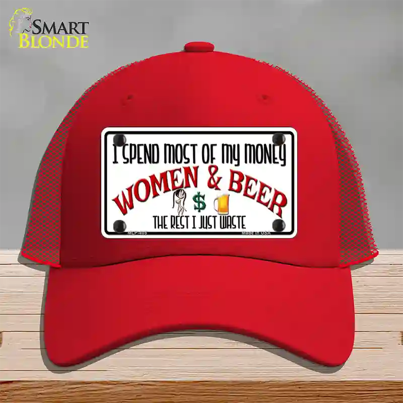 Money On Women And Beer Novelty License Plate Hat Mesh / Red