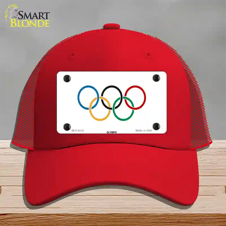 Olympic Flag Novelty License Plate Hat Mesh / Red