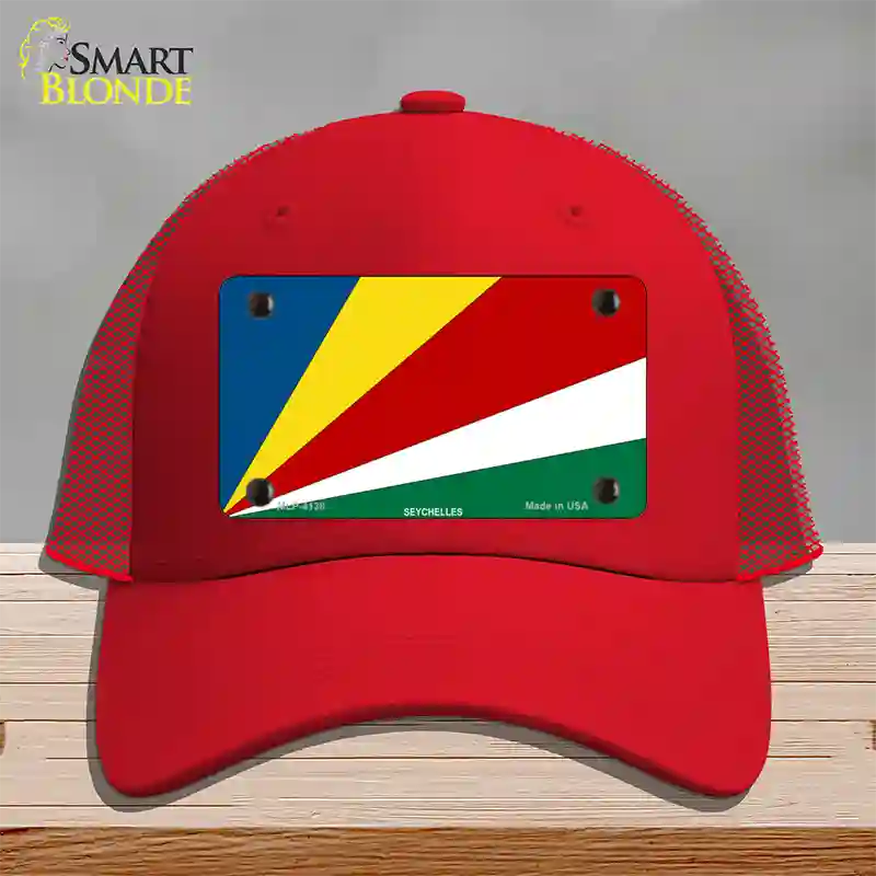 Seychelles Flag Novelty License Plate Hat Mesh / Red