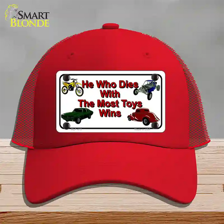 He With The Most Toys Wins Novelty License Plate Hat Mesh / Red