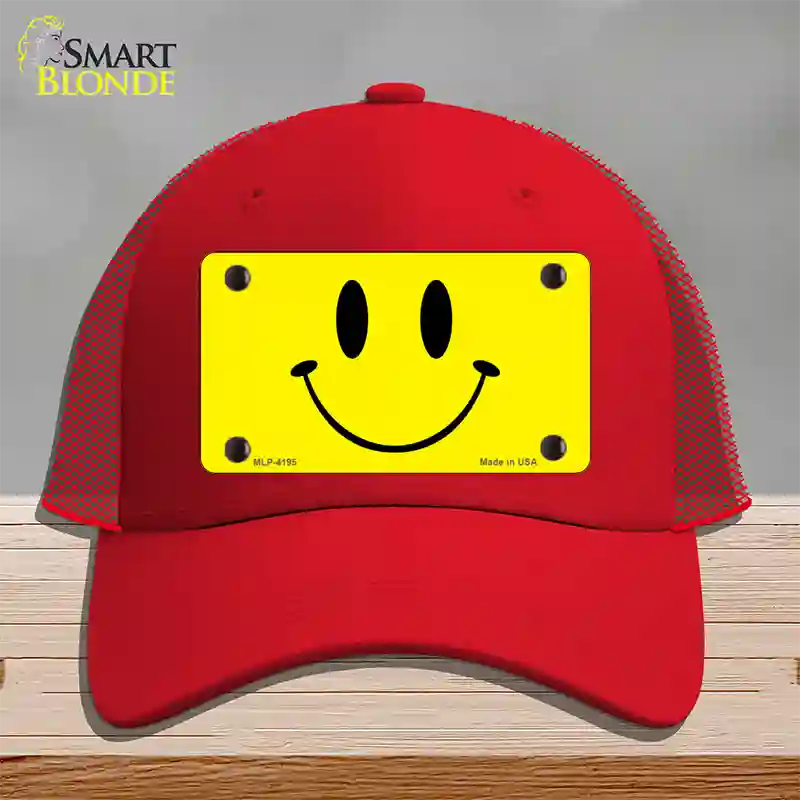 Happy Face Novelty License Plate Hat Mesh / Red