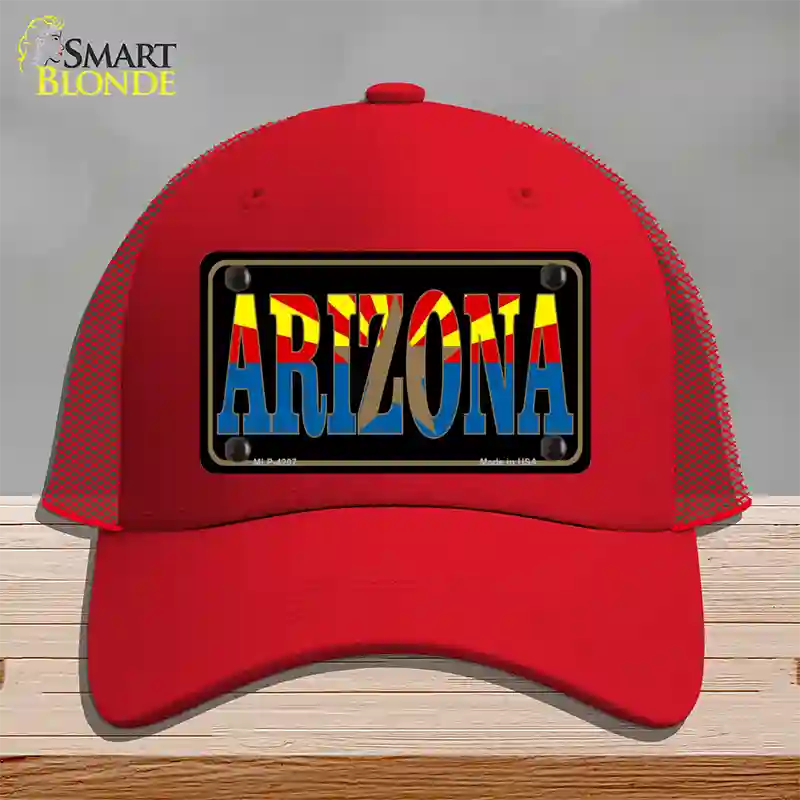 Arizona Inlayed State Flag Novelty License Plate Hat Mesh / Red