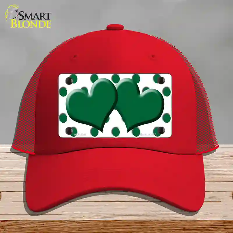 Green White Polka Dot Green Centered Hearts Novelty License Plate Hat Mesh / Red