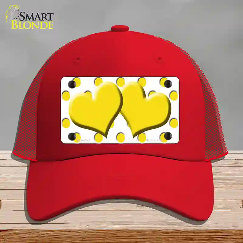 Yellow White Polka Dot Yellow Centered Hearts Novelty License Plate Hat Mesh / Red