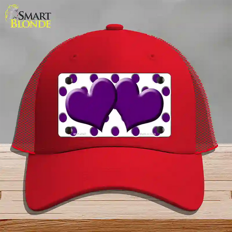 Purple White Polka Dot Purple Centered Hearts Novelty License Plate Hat Mesh / Red