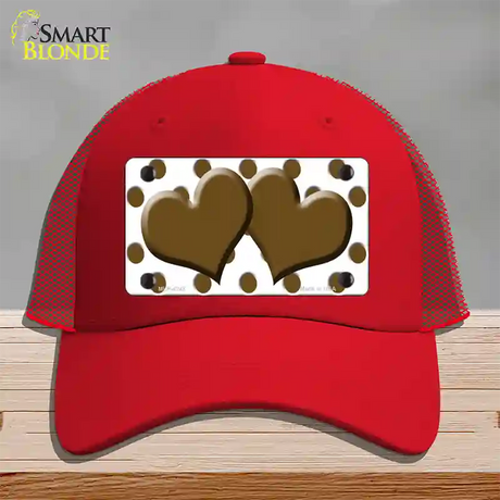 Brown White Polka Dot With Brown Centered Hearts Novelty License Plate Hat Mesh / Red