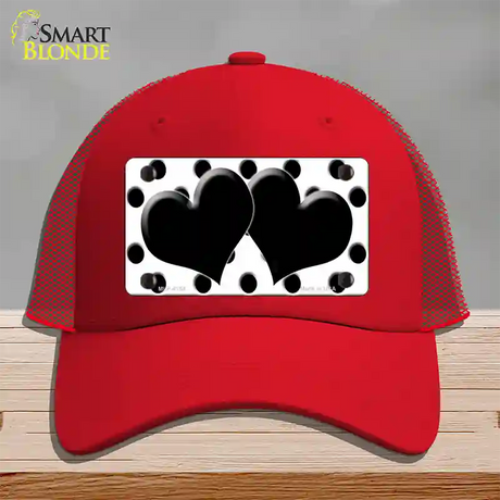 Black White Polka Dot Black Centered Hearts Novelty License Plate Hat Mesh / Red