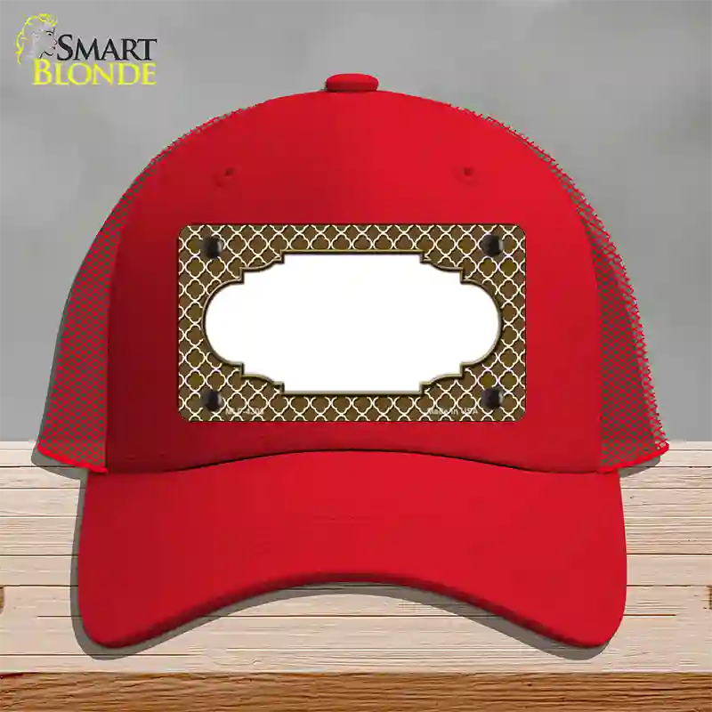 Brown White Quatrefoil Center Scallop Novelty License Plate Hat Mesh / Red