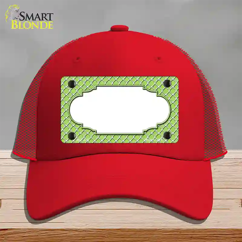 Lime Green White Quatrefoil Center Scallop Novelty License Plate Hat Mesh / Red