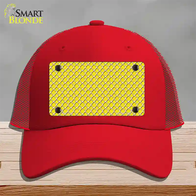 Yellow White Quatrefoil Novelty License Plate Hat Mesh / Red
