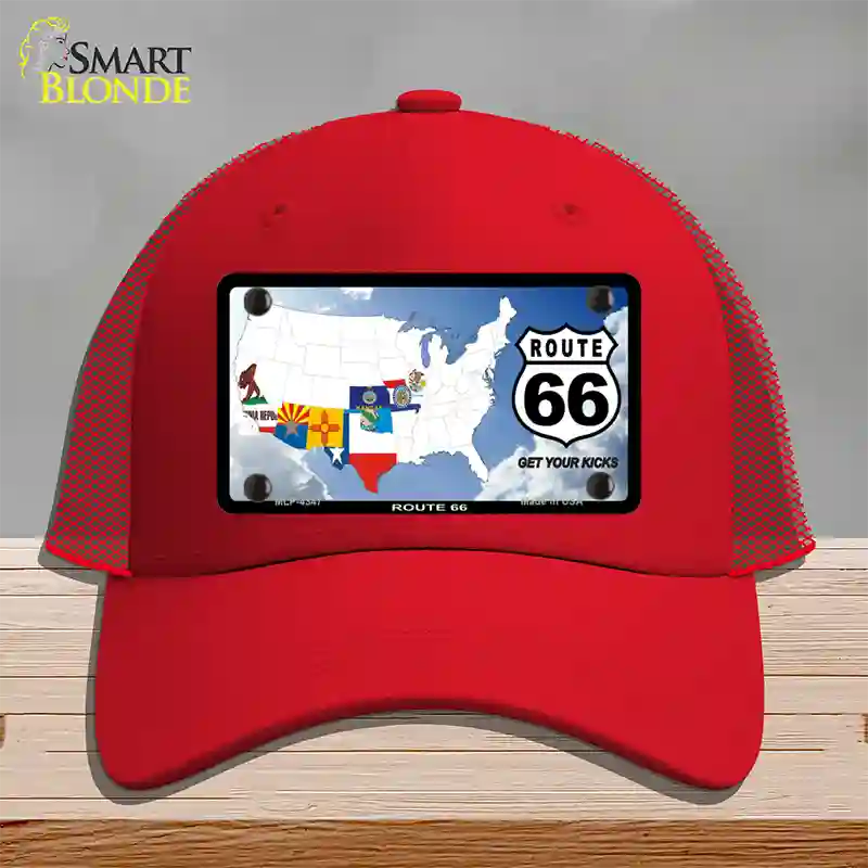 Route 66 8 Flags Clouds Novelty License Plate Hat Mesh / Red