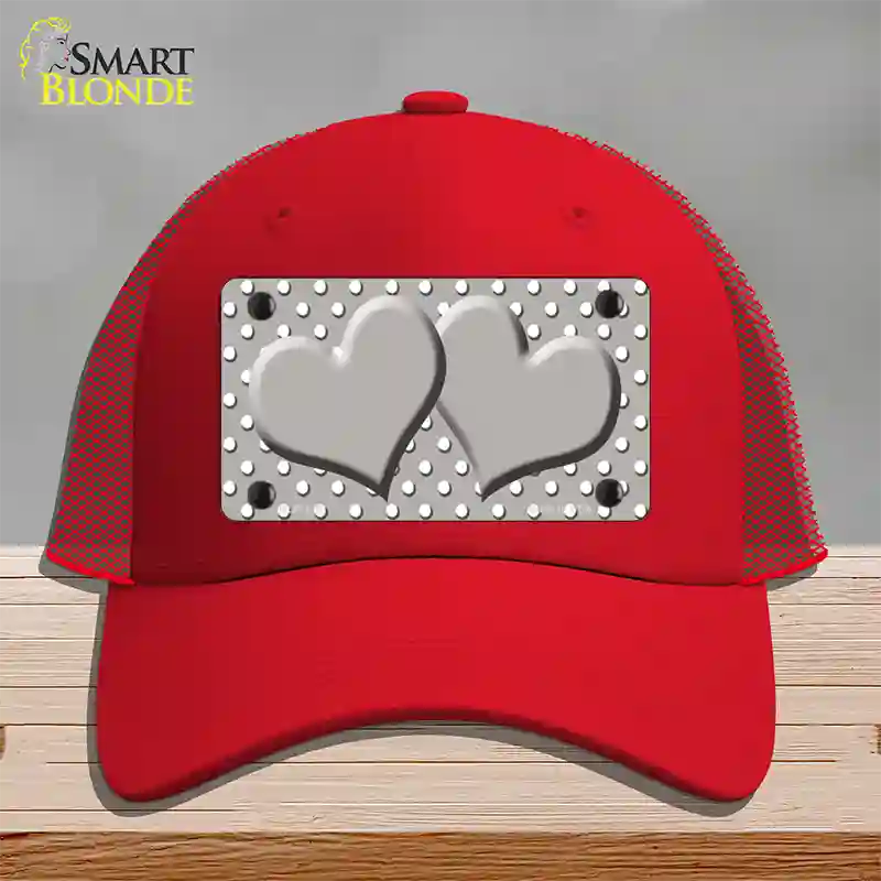 Grey White Polka Dot Center Hearts Novelty License Plate Hat Mesh / Red