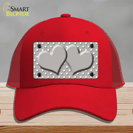 Grey White Polka Dot Center Hearts Novelty License Plate Hat Mesh / Red