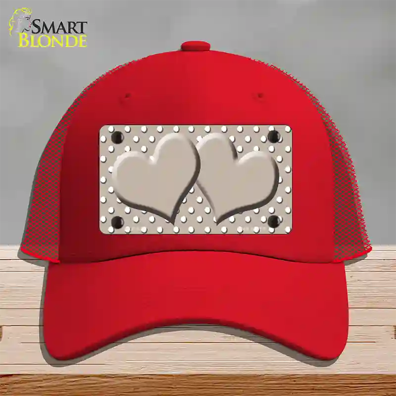 Tan White Polka Dot Center Hearts Novelty License Plate Hat Mesh / Red