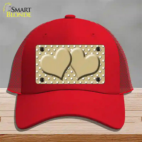 Gold White Polka Dot Center Hearts Novelty License Plate Hat Mesh / Red