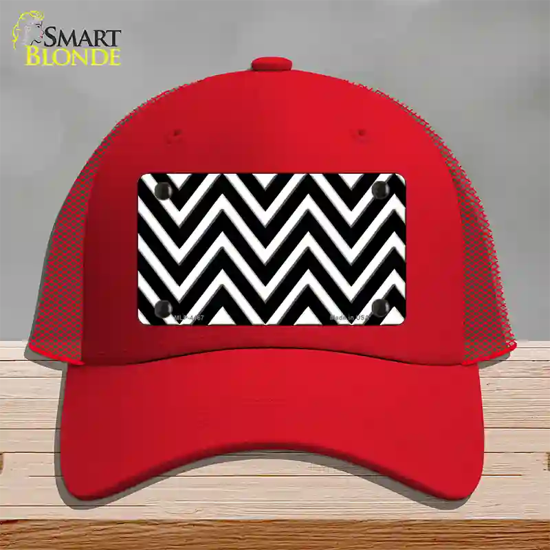 Black White Large Chevron Novelty License Plate Hat Mesh / Red