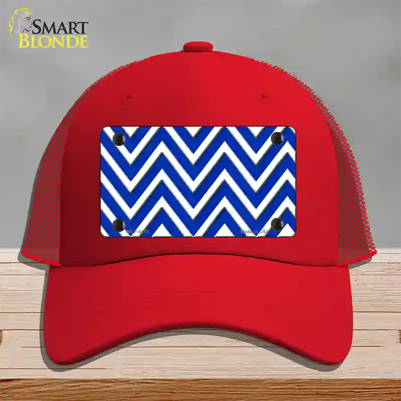 Blue White Large Chevron Novelty License Plate Hat Mesh / Red