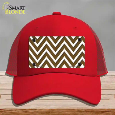 Brown White Large Chevron Novelty License Plate Hat Mesh / Red