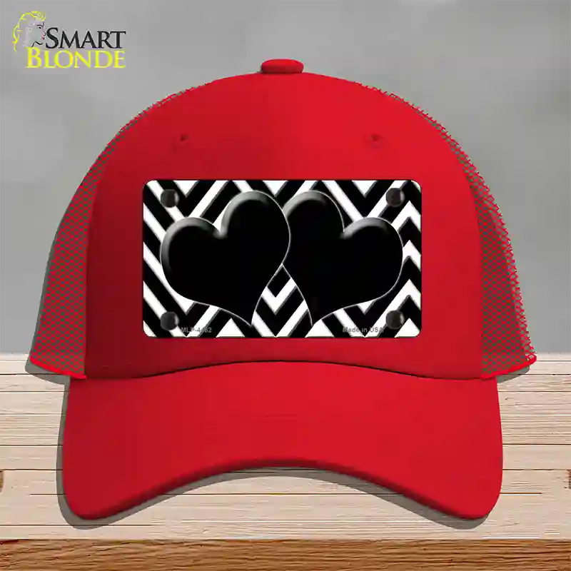 Black White Large Chevron Black Center Hearts Novelty License Plate Hat Mesh / Red