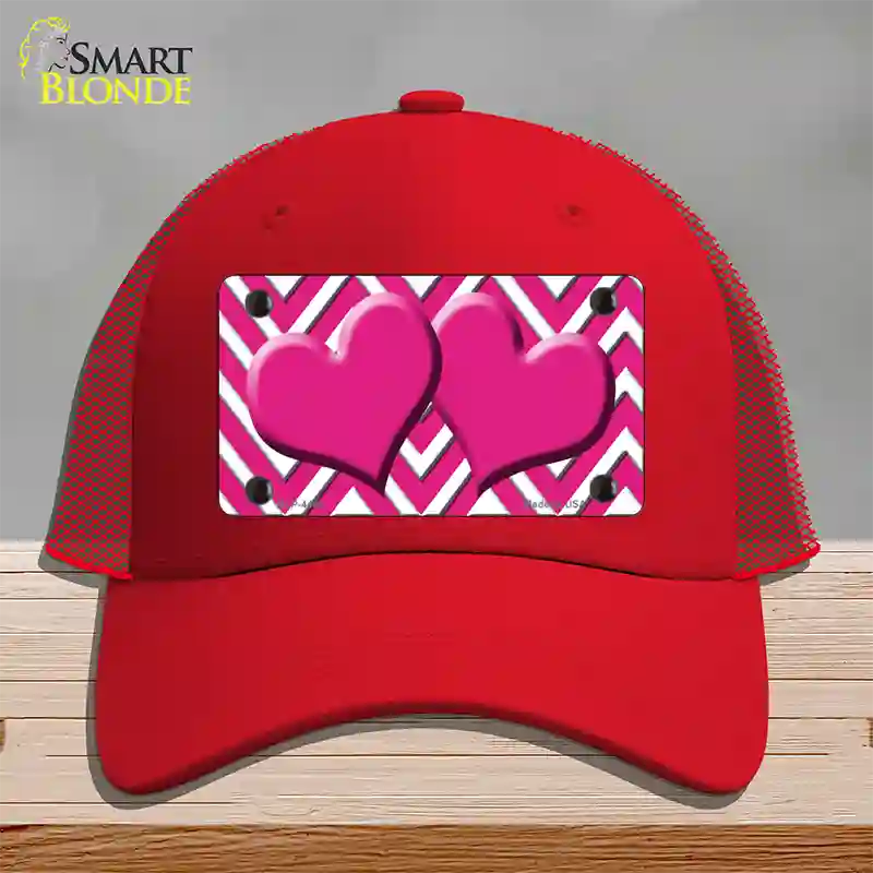 Pink White Large Chevron Hot Pink Center Hearts Novelty License Plate Hat Mesh / Red