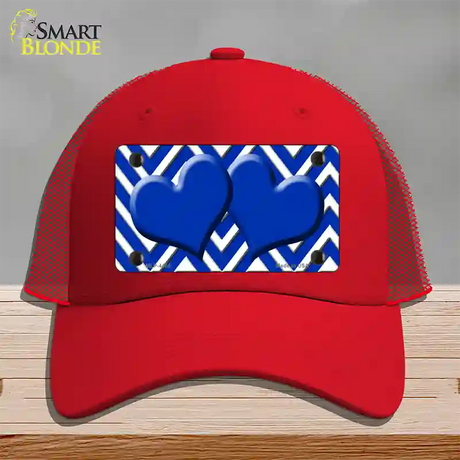 Blue White Large Chevron Blue Center Hearts Novelty License Plate Hat Mesh / Red