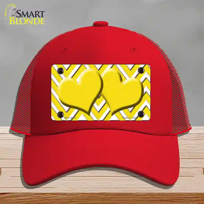 Yellow White Large Chevron Yellow Center Hearts Novelty License Plate Hat Mesh / Red