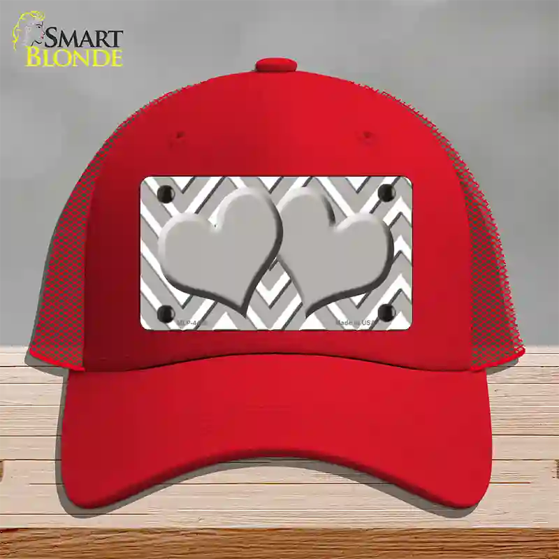 Grey White Large Chevron Grey Center Hearts Novelty License Plate Hat Mesh / Red