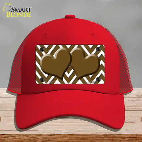 Brown White Large Chevron Brown Center Hearts Novelty License Plate Hat Mesh / Red