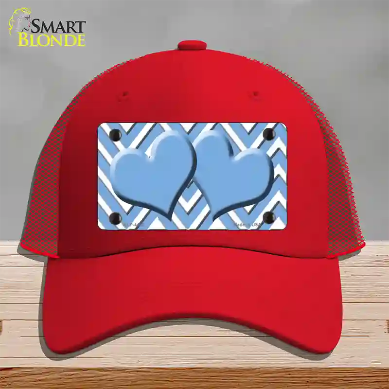 Light Blue White Large Chevron Light Blue Center Hearts Novelty License Plate Hat Mesh / Red