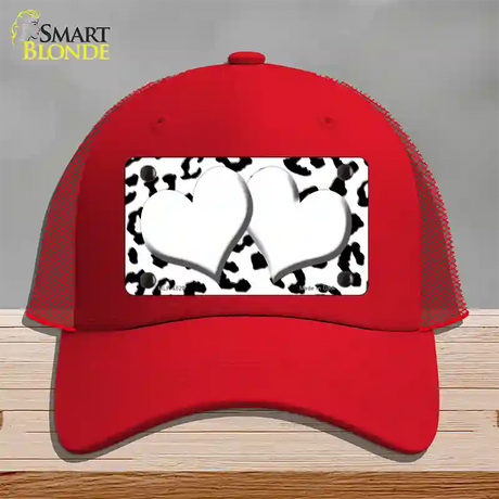 White Black Cheetah White Center Hearts Novelty License Plate Hat Mesh / Red