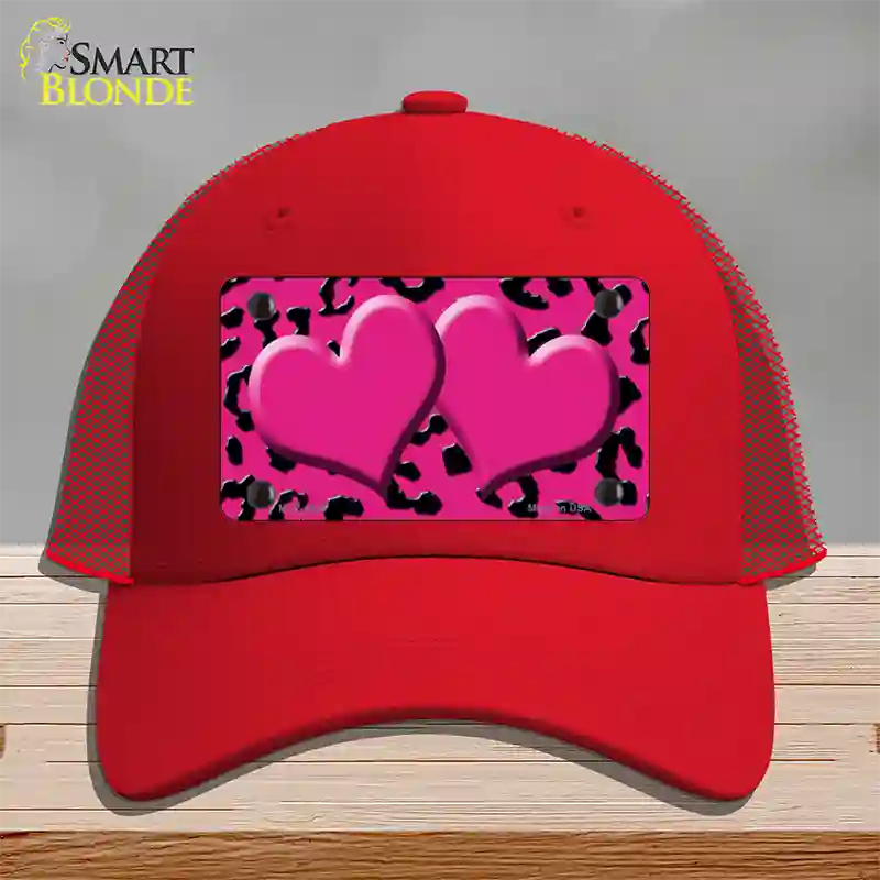 Pink Black Cheetah Pink Center Hearts Novelty License Plate Hat Mesh / Red