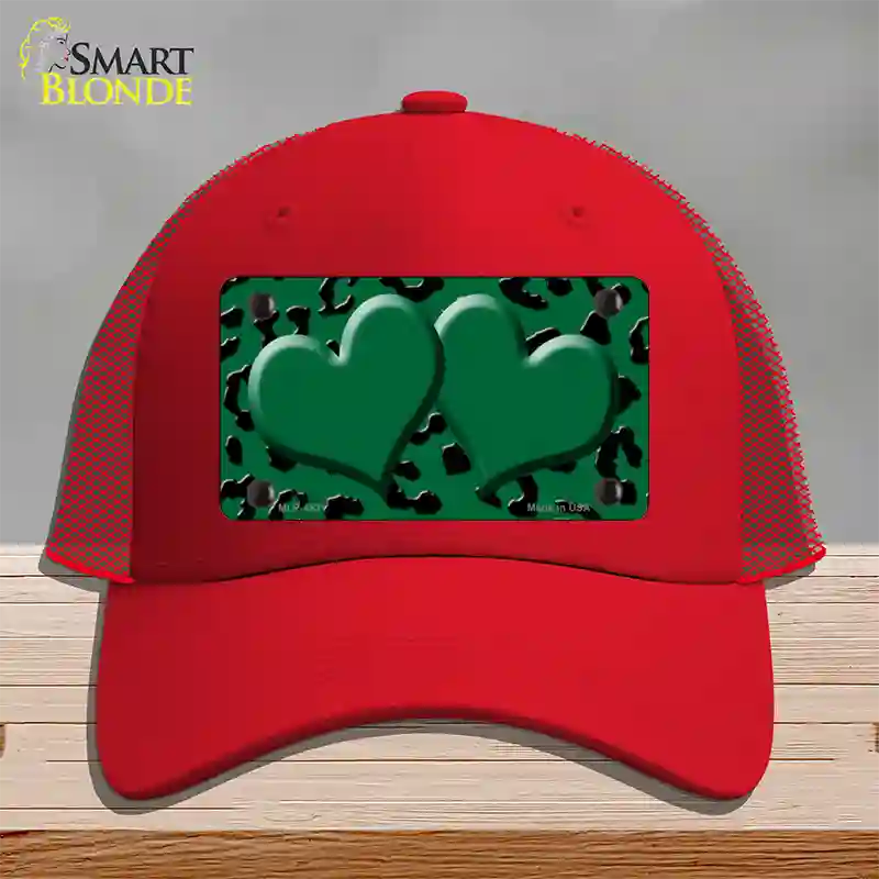 Green Black Cheetah Green Center Hearts Novelty License Plate Hat Mesh / Red