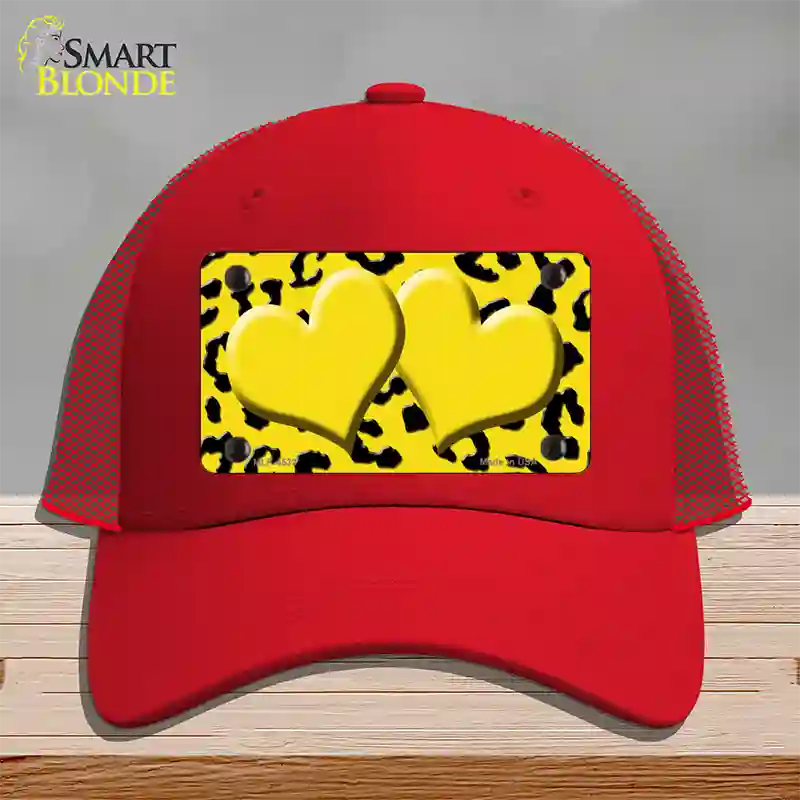 Yellow Black Cheetah Yellow Center Hearts Novelty License Plate Hat Mesh / Red