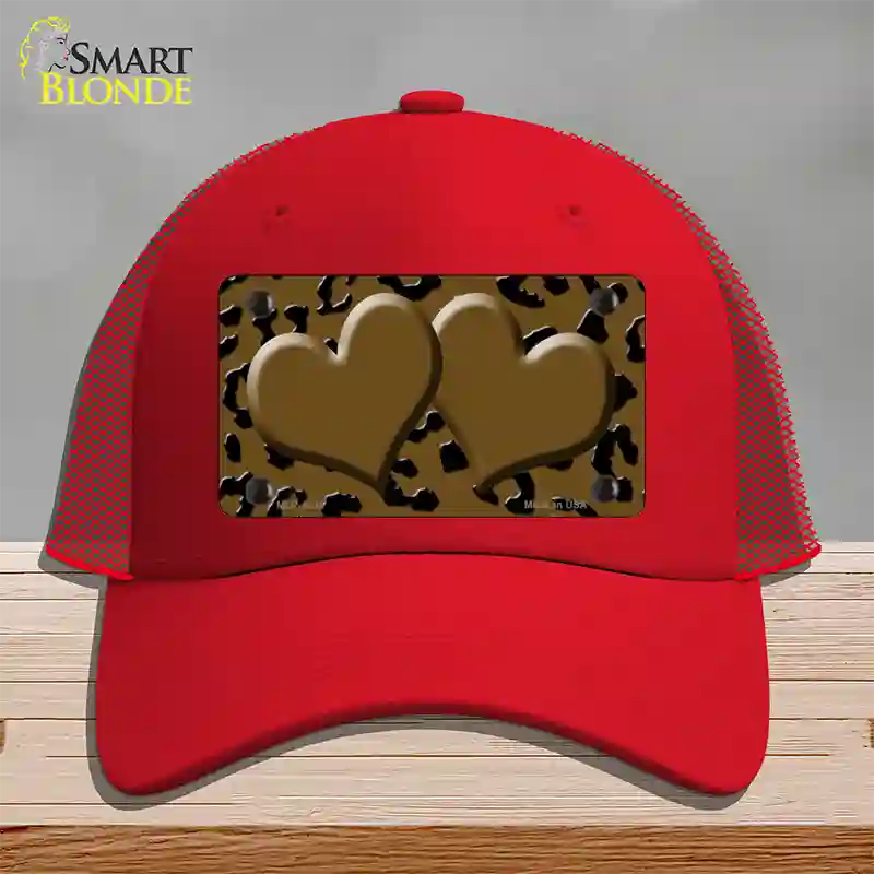 Brown Black Cheetah Brown Center Hearts Novelty License Plate Hat Mesh / Red