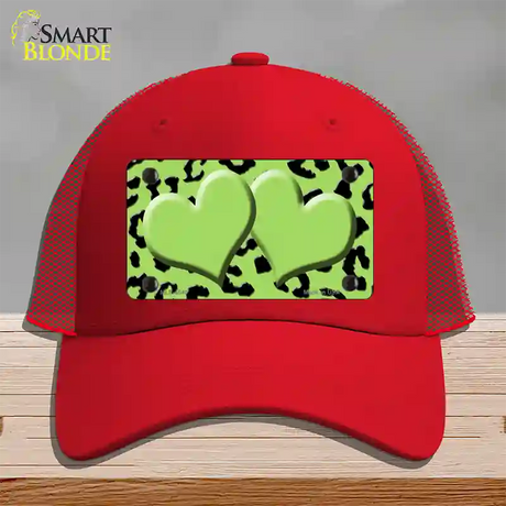 Lime Green Black Cheetah Lime Green Center Hearts Novelty License Plate Hat Mesh / Red