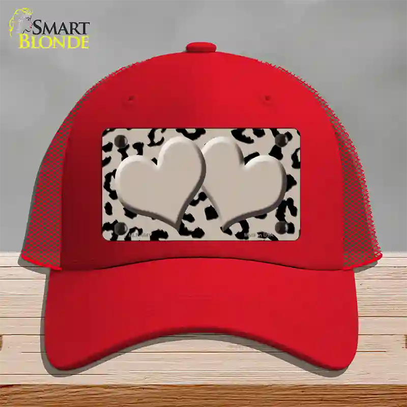 Tan Black Cheetah Tan Center Hearts Novelty License Plate Hat Mesh / Red