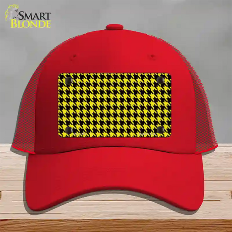 Yellow Black Houndstooth Novelty License Plate Hat Mesh / Red