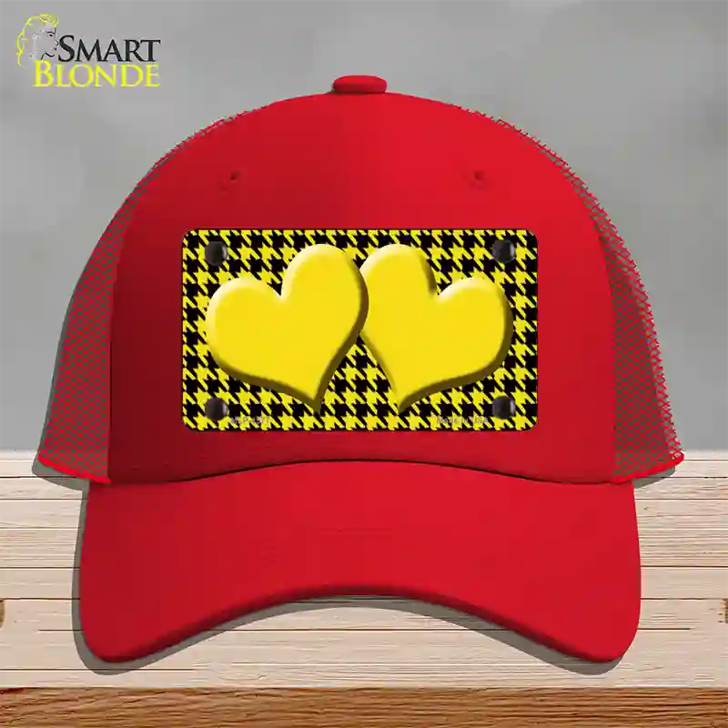 Yellow Black Houndstooth Yellow Center Hearts Novelty License Plate Hat Mesh / Red