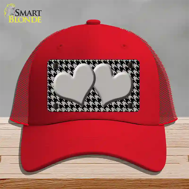 Grey Black Houndstooth Grey Center Hearts Novelty License Plate Hat Mesh / Red