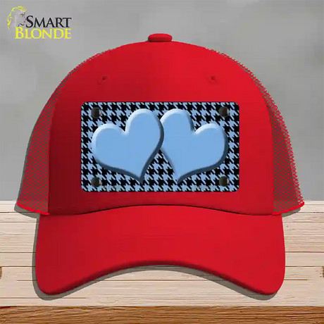 Light Blue Black Houndstooth Light Blue Center Hearts Novelty License Plate Hat Mesh / Red